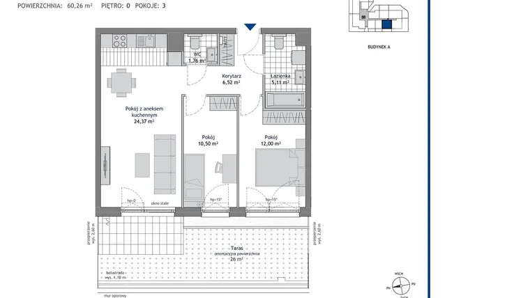 Rzut - Mieszkanie na sprzedaż 3 pokoje o powierzchni 60,26 m² - numer A.0.9 w Linea bud. A