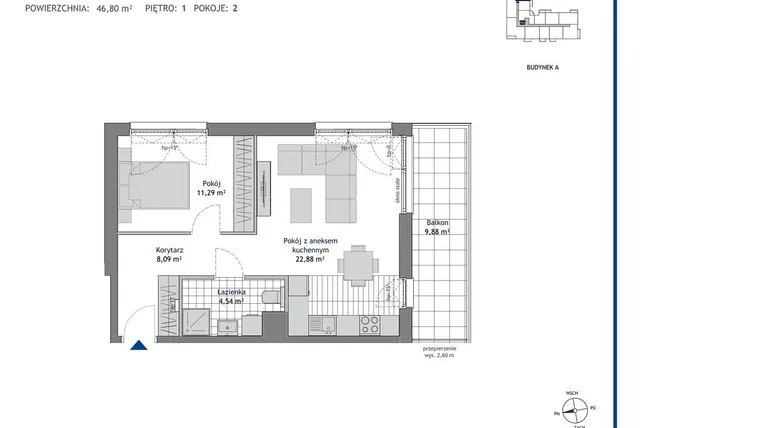 Rzut - Mieszkanie na sprzedaż 2 pokoje o powierzchni 46,8 m² - numer A.1.3 w Linea bud. A