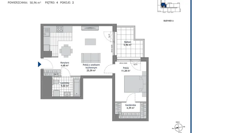Rzut - Mieszkanie na sprzedaż 2 pokoje o powierzchni 50,96 m² - numer A.4.4 w Linea bud. A