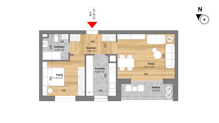Rzut - Mieszkanie na sprzedaż 2 pokoje o powierzchni 51,57 m² - numer M5 w Przy Kochanowskiego