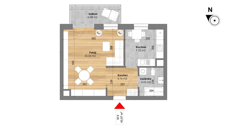 Rzut - Mieszkanie na sprzedaż 1 pokój o powierzchni 43,57 m² - numer M9 w Przy Kochanowskiego
