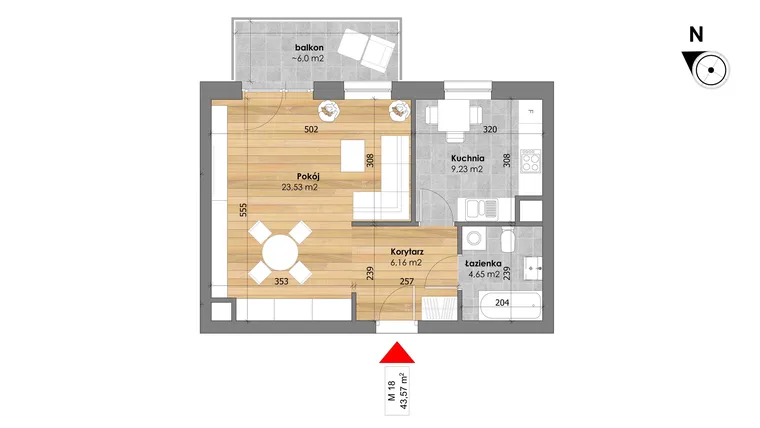 Rzut - Mieszkanie na sprzedaż 1 pokój o powierzchni 43,57 m² - numer M18 w Przy Kochanowskiego