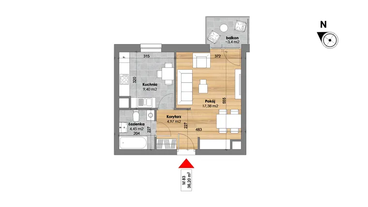 Rzut - Mieszkanie na sprzedaż 1 pokój o powierzchni 36,2 m² - numer M83 w Przy Kochanowskiego