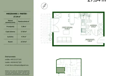 Rzut - Mieszkanie na sprzedaż 1 pokój o powierzchni 27,34 m² - numer 1 w Bukowa etap II