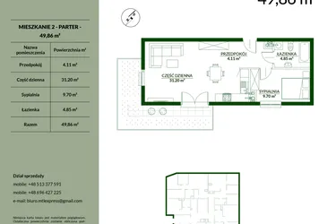 Rzut - Mieszkanie na sprzedaż 2 pokoje o powierzchni 49,86 m² - numer 2 w Bukowa etap II