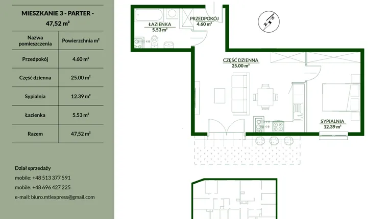 Rzut - Mieszkanie na sprzedaż 2 pokoje o powierzchni 47,52 m² - numer 3 w Bukowa etap II