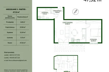 Rzut - Mieszkanie na sprzedaż 2 pokoje o powierzchni 47,52 m² - numer 3 w Bukowa etap II