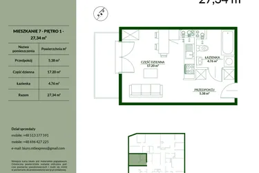Rzut - Mieszkanie na sprzedaż 1 pokój o powierzchni 27,34 m² - numer 7 w Bukowa etap II