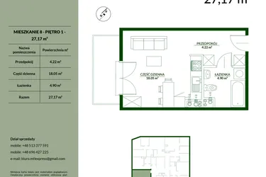 Rzut - Mieszkanie na sprzedaż 1 pokój o powierzchni 27,17 m² - numer 8 w Bukowa etap II