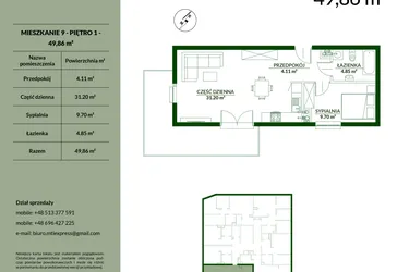 Rzut - Mieszkanie na sprzedaż 2 pokoje o powierzchni 49,86 m² - numer 9 w Bukowa etap II