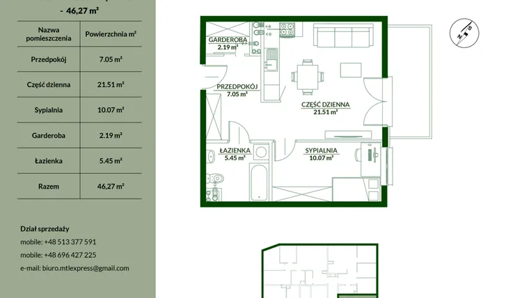 Rzut - Mieszkanie na sprzedaż 2 pokoje o powierzchni 46,27 m² - numer 11 w Bukowa etap II