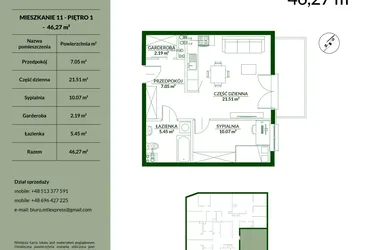 Rzut - Mieszkanie na sprzedaż 2 pokoje o powierzchni 46,27 m² - numer 11 w Bukowa etap II