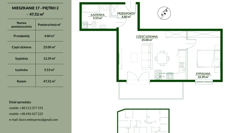 Rzut - Mieszkanie na sprzedaż 2 pokoje o powierzchni 47,52 m² - numer 17 w Bukowa etap II
