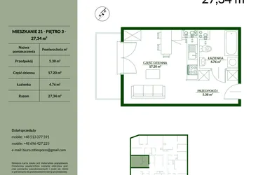 Rzut - Mieszkanie na sprzedaż 1 pokój o powierzchni 27,34 m² - numer 21 w Bukowa etap II