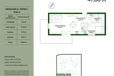 Rzut - Mieszkanie na sprzedaż 2 pokoje o powierzchni 49,86 m² - numer 23 w Bukowa etap II
