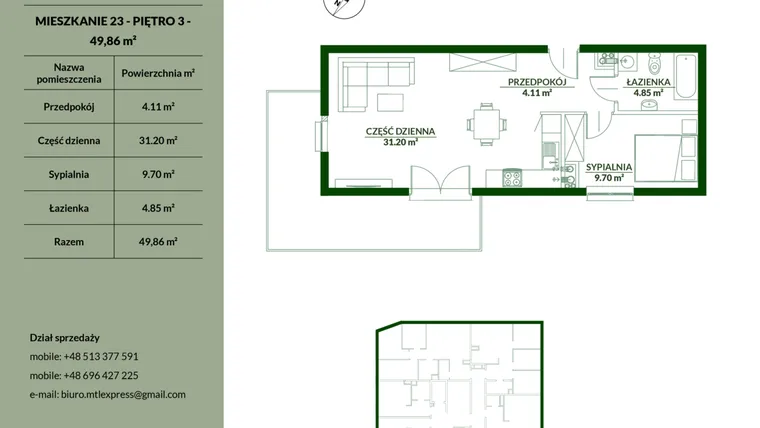 Rzut - Mieszkanie na sprzedaż 2 pokoje o powierzchni 49,86 m² - numer 23 w Bukowa etap II