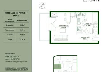 Rzut - Mieszkanie na sprzedaż 1 pokój o powierzchni 27,34 m² - numer 28 w Bukowa etap II