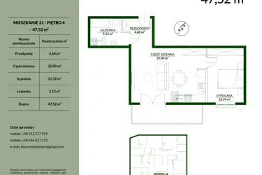 Rzut - Mieszkanie na sprzedaż 2 pokoje o powierzchni 47,52 m² - numer 31 w Bukowa etap II