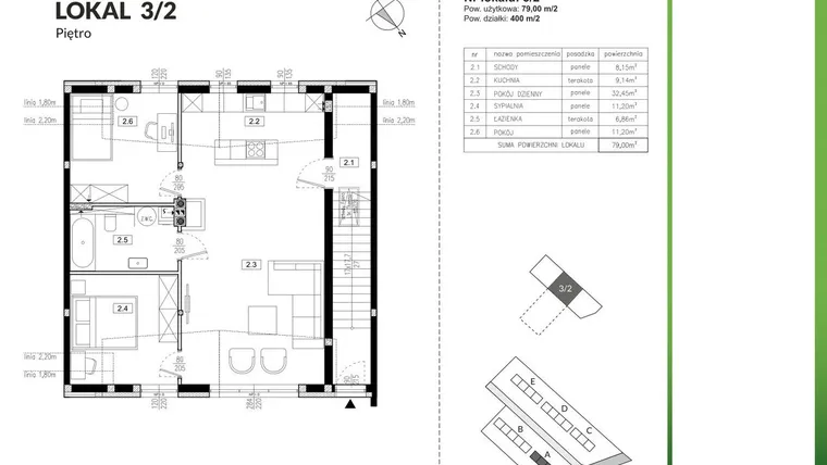 Rzut - Mieszkanie na sprzedaż 3 pokoje o powierzchni 79 m² - numer 3/2 w Szczęśliwa Polana