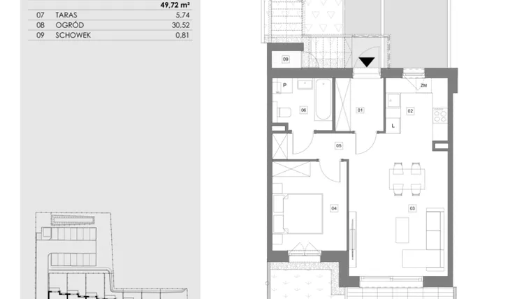 Rzut - Mieszkanie na sprzedaż 2 pokoje o powierzchni 49,68 m² - numer 14E.1 w Przystań Sobieszewo ATAL