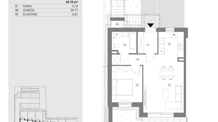 Rzut - Mieszkanie na sprzedaż 2 pokoje o powierzchni 49,68 m² - numer 14F.1 w Przystań Sobieszewo ATAL