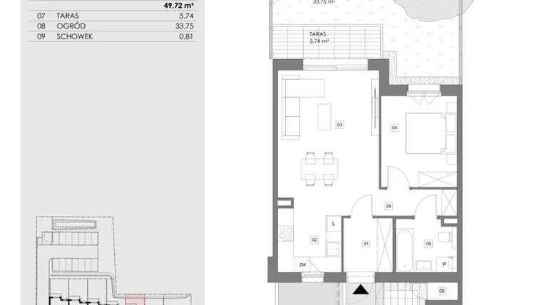 Rzut - Mieszkanie na sprzedaż 2 pokoje o powierzchni 49,68 m² - numer 16B.1 w Przystań Sobieszewo ATAL