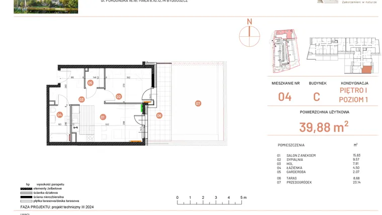 Rzut - Mieszkanie na sprzedaż 2 pokoje o powierzchni 39,88 m² - numer 18.4 w Osiedle Nowe Horyzonty etap II