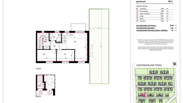 Rzut - Mieszkanie na sprzedaż 3 pokoje o powierzchni 51,36 m² - numer B2-2 w Aleja Kwitnącej Wiśni