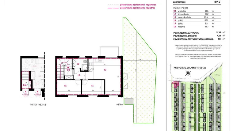 Rzut - Mieszkanie na sprzedaż 3 pokoje o powierzchni 51,36 m² - numer B17-2 w Aleja Kwitnącej Wiśni