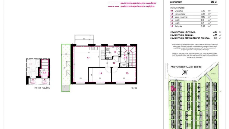 Rzut - Mieszkanie na sprzedaż 3 pokoje o powierzchni 51,36 m² - numer B18-2 w Aleja Kwitnącej Wiśni