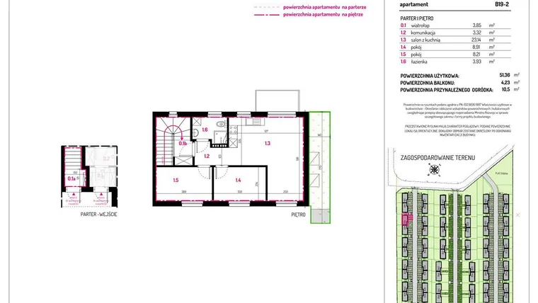 Rzut - Mieszkanie na sprzedaż 3 pokoje o powierzchni 51,36 m² - numer B19-2 w Aleja Kwitnącej Wiśni