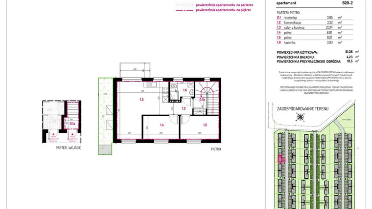 Rzut - Mieszkanie na sprzedaż 3 pokoje o powierzchni 51,36 m² - numer B20-2 w Aleja Kwitnącej Wiśni