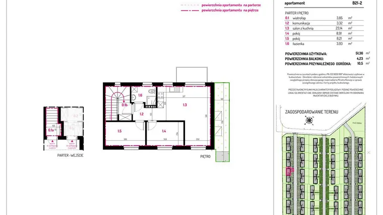 Rzut - Mieszkanie na sprzedaż 3 pokoje o powierzchni 51,36 m² - numer B21-2 w Aleja Kwitnącej Wiśni