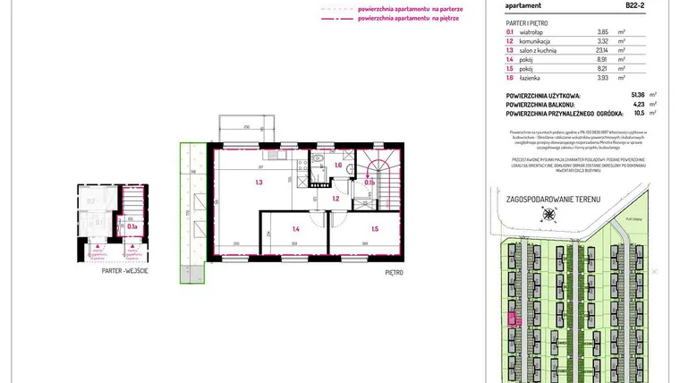 Rzut - Mieszkanie na sprzedaż 3 pokoje o powierzchni 51,36 m² - numer B22-2 w Aleja Kwitnącej Wiśni