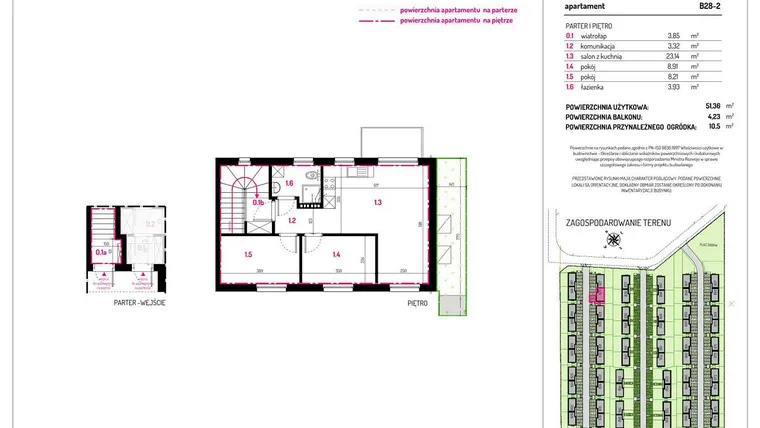 Rzut - Mieszkanie na sprzedaż 3 pokoje o powierzchni 51,36 m² - numer B28-2 w Aleja Kwitnącej Wiśni