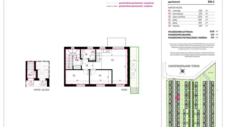Rzut - Mieszkanie na sprzedaż 3 pokoje o powierzchni 51,36 m² - numer B30-2 w Aleja Kwitnącej Wiśni