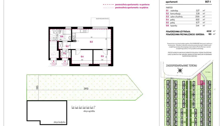 Rzut - Mieszkanie na sprzedaż 3 pokoje o powierzchni 46,52 m² - numer B57-1 w Aleja Kwitnącej Wiśni