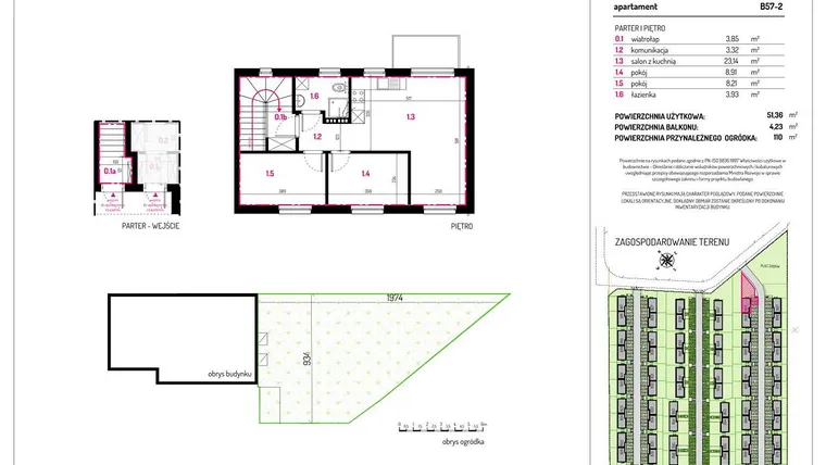 Rzut - Mieszkanie na sprzedaż 3 pokoje o powierzchni 51,36 m² - numer B57-2 w Aleja Kwitnącej Wiśni