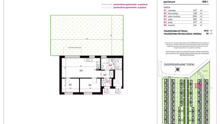 Rzut - Mieszkanie na sprzedaż 3 pokoje o powierzchni 46,52 m² - numer B58-1 w Aleja Kwitnącej Wiśni
