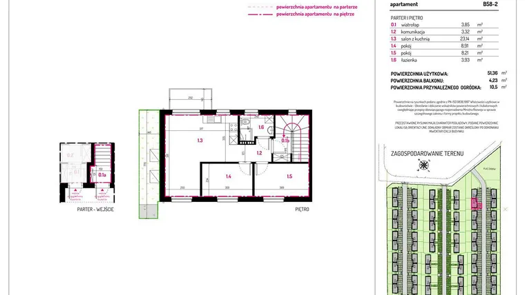 Rzut - Mieszkanie na sprzedaż 3 pokoje o powierzchni 51,36 m² - numer B58-2 w Aleja Kwitnącej Wiśni