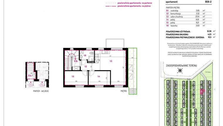 Rzut - Mieszkanie na sprzedaż 3 pokoje o powierzchni 51,36 m² - numer B59-2 w Aleja Kwitnącej Wiśni