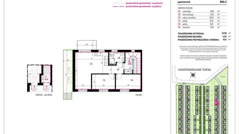 Rzut - Mieszkanie na sprzedaż 3 pokoje o powierzchni 51,36 m² - numer B60-2 w Aleja Kwitnącej Wiśni