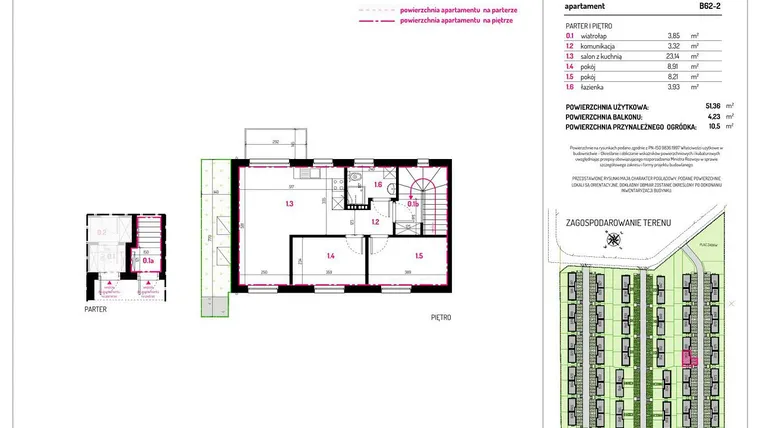 Rzut - Mieszkanie na sprzedaż 3 pokoje o powierzchni 51,36 m² - numer B62-2 w Aleja Kwitnącej Wiśni