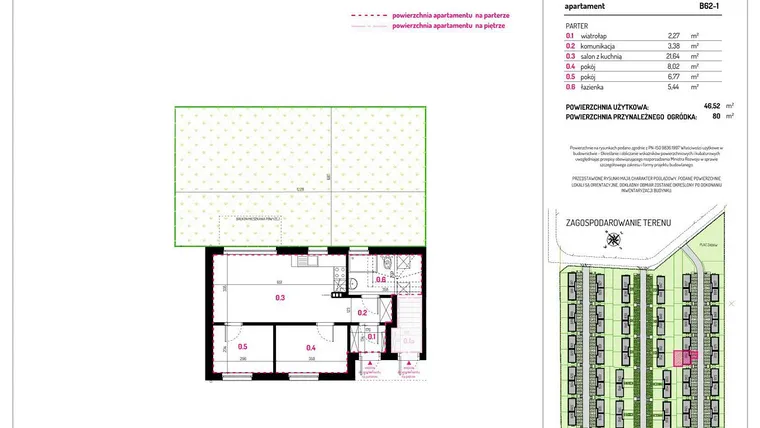 Rzut - Mieszkanie na sprzedaż 3 pokoje o powierzchni 46,52 m² - numer B62-1 w Aleja Kwitnącej Wiśni