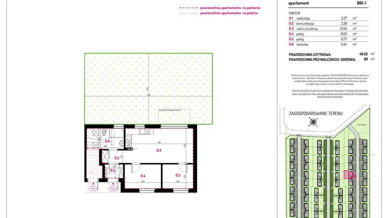 Rzut - Mieszkanie na sprzedaż 3 pokoje o powierzchni 46,52 m² - numer B61-1 w Aleja Kwitnącej Wiśni