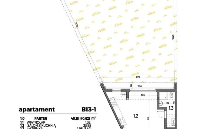 Rzut - Mieszkanie na sprzedaż 2 pokoje o powierzchni 39,88 m² - numer B13-1 w Aleja Miodowa