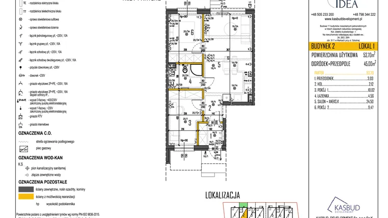 Rzut - Mieszkanie na sprzedaż 3 pokoje o powierzchni 53,7 m² - numer 2-L1 w Osiedle Idea etap II