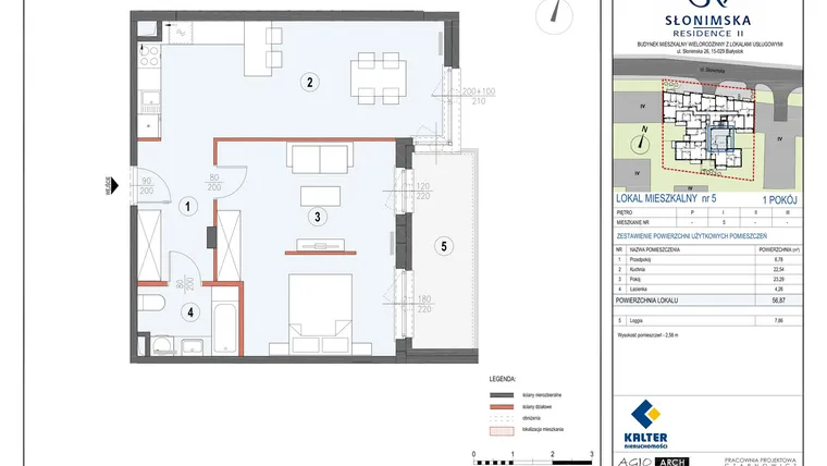 Rzut - Mieszkanie na sprzedaż 1 pokój o powierzchni 56,87 m² - numer M5 w Słonimska Residence II