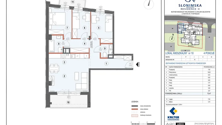 Rzut - Mieszkanie na sprzedaż 4 pokoje o powierzchni 72,47 m² - numer M10 w Słonimska Residence II