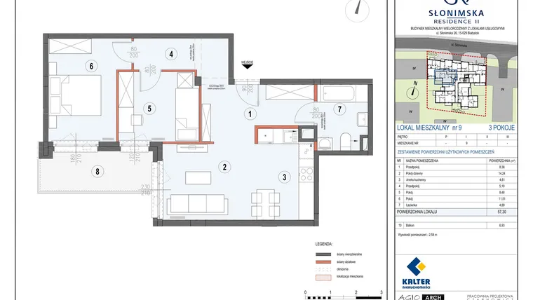 Rzut - Mieszkanie na sprzedaż 3 pokoje o powierzchni 57,3 m² - numer M9 w Słonimska Residence II